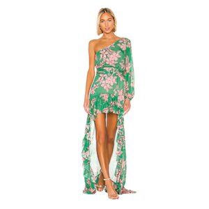 Alexis Jules One Shoulder Arm Maxi Dress Womens Small Green Pink Floral High Low
